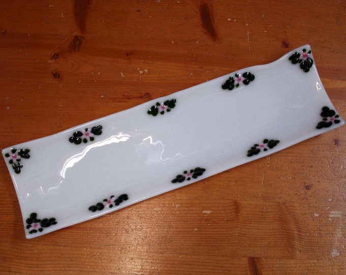 Fused glass long trinket / sushi / serving / baguette dish 'Flora XF Pink' Raised pink flowers and sparkly green leaves on a white base