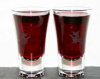 Witch Moon Shot - Pair of hand etched shot glasses featuring a witch in flight under a crescent moon.