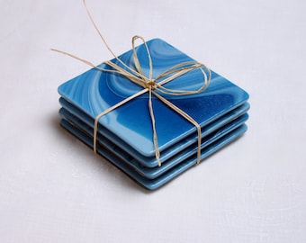 Fused glass coasters. 'Caribbean Seas' A set of 4 swirly coasters, made in stunning swirls of blue and turquoise.