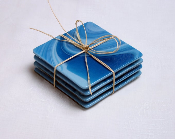 Fused glass coasters. 'Caribbean Seas' A set of 4 swirly coasters, made in stunning swirls of blue and turquoise.