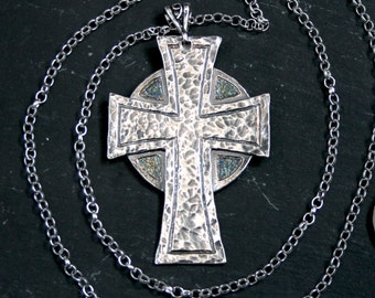 Traditionally Handmade Large 925 Silver Celtic Cross Pendant. Antiqued, etched, hammered & set on a sterling silver belcher chain Hallmarked