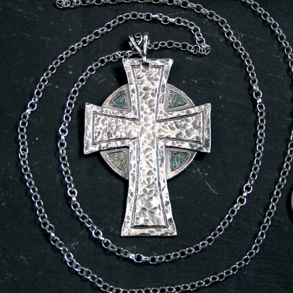 Traditionally Handmade Large 925 Silver Celtic Cross Pendant. Antiqued, etched, hammered & set on a sterling silver belcher chain Hallmarked