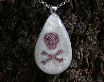 Fused glass and sterling silver 'Skully' Pendant. Copper skull and crossbones fused into Glow in the Dark glass. Green glow!