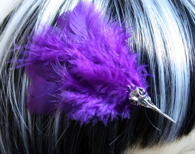 Exclusive 'Baby Bird Skull' Hair grip / fascinator with Purple feathers.