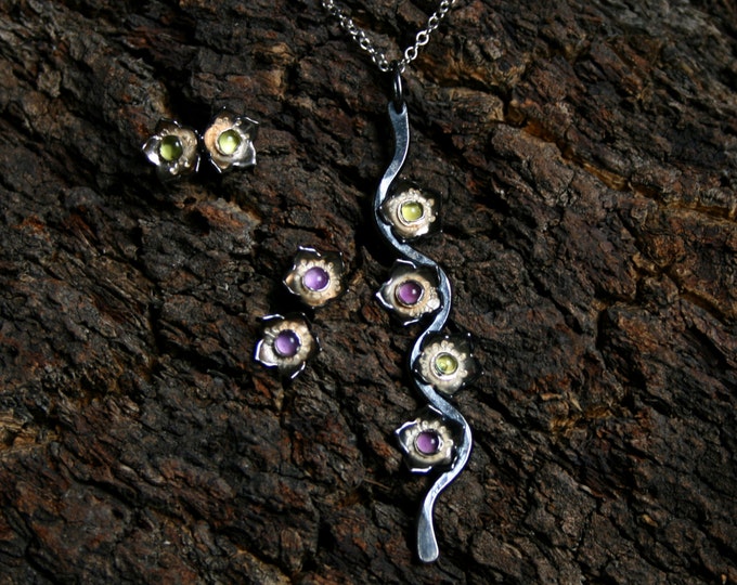 Star-flower cascade ~ Amethyst, Peridot & Sterling Silver Pendant. 'Wildflower series' Exclusive design. Purple and Green.