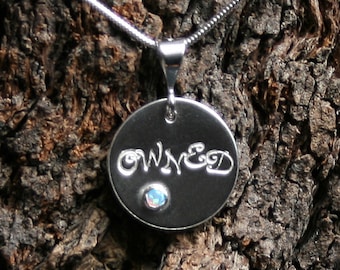 OWNED ~ Personalized PERMANENTLY LOCKING Disc Day Collar / Slave Necklace. Sterling silver. Choose gemstone. Can be personalized on reverse.