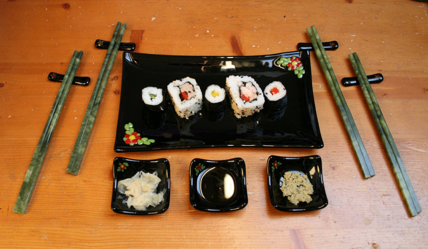 Fused glass Sushi set 'Flora Black - in Red' 6 or 8 piece large