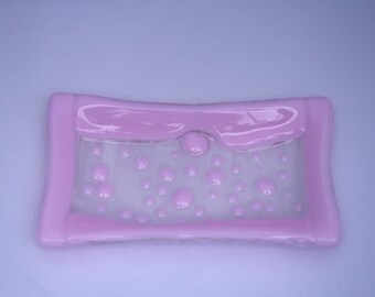 Dotty about Pink - a hand made fused glass soap / trinket / sushi dish in pink set on a wispy clear & white base. Bathroom/ Kitchen/ Bedroom