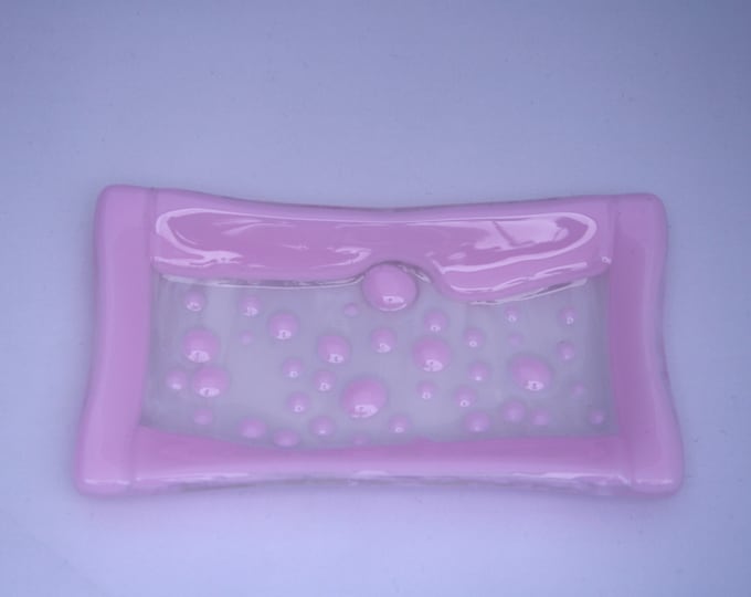 Dotty about Pink - a hand made fused glass soap / trinket / sushi dish in pink set on a wispy clear & white base. Bathroom/ Kitchen/ Bedroom