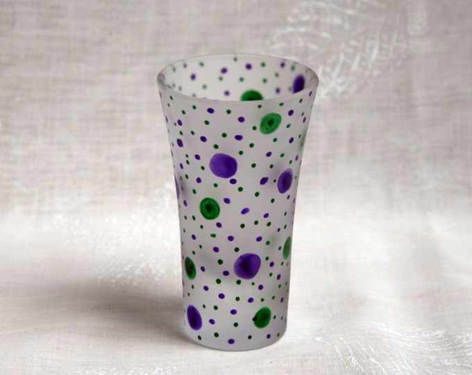 Dotty about You! Purple & Green. Exclusive design hand painted.  2 Etched shot glasses with purple and green dots and spots encircling them.