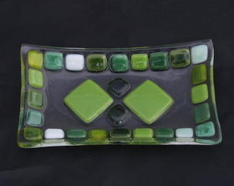 Sunlit Forest (D3), mosaic series, fused glass soap / trinket / sushi dish in a range of greens on a clear base. Bathroom/ Kitchen/ Bedroom