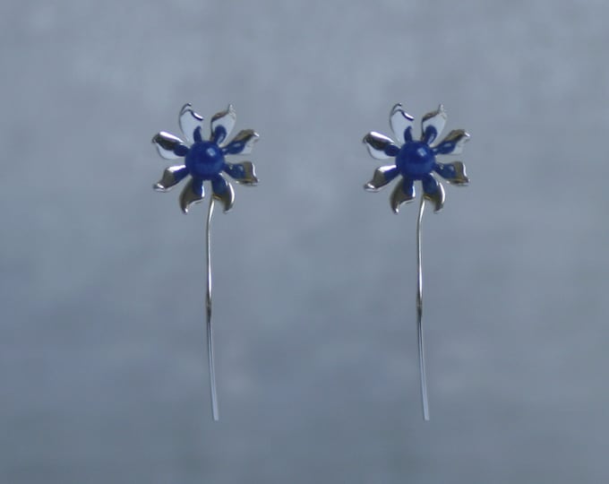 Handmade 'Ma Petite Fleur' earrings. Traditionally hand made sterling silver gemstone flower earrings with Blue Agate, stud style with stem