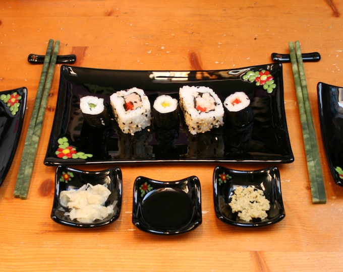 Fused glass Sushi set 'Flora Black - in Red' An 8 piece large serving set with eating plates. With red flowers & green leaves set on black