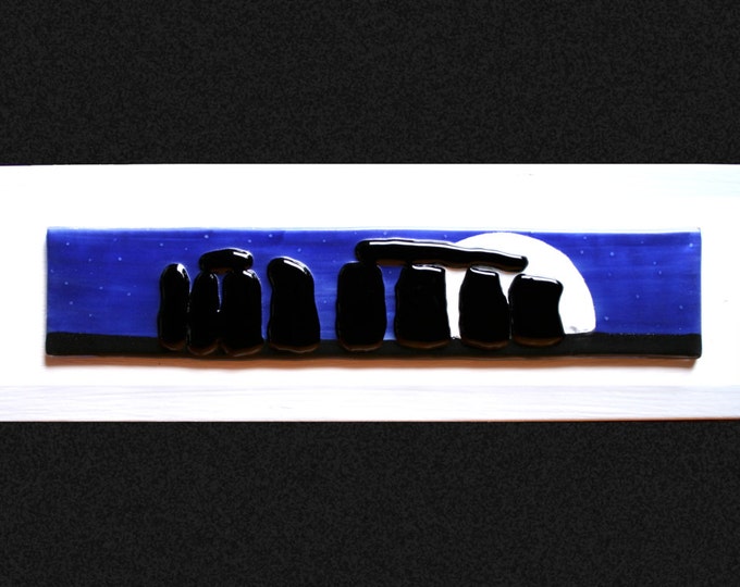 Stonehenge Moonrise #3 Fused glass painting ~ raised stones on a hand painted night sky base, set on a white frame. 34 x 10cm (13.5 x 4")