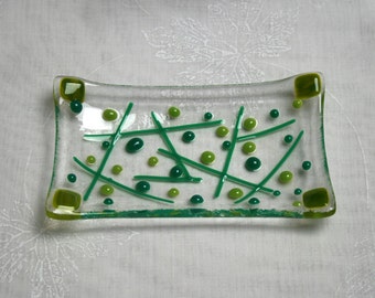 Retro in Green a hand made fused glass soap / trinket / sushi dish in a range of Greens set on a clear base. Bathroom/ Kitchen/ Bedroom