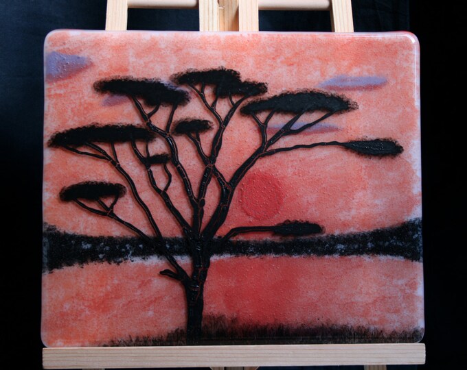 African sun - Hand painted Kiln Fused art glass 3D painting. Glass art / panel.  One of a kind painted glass panel. Red orange sunset.