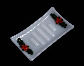 Fused glass soap dish 'Flora in Orange' - Unique, hand made, featuring raised orange flowers and sparkly green leaves on a white ribbed base