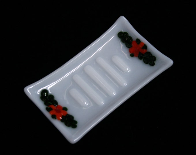 Fused glass soap dish 'Flora in Orange' - Unique, hand made, featuring raised orange flowers and sparkly green leaves on a white ribbed base