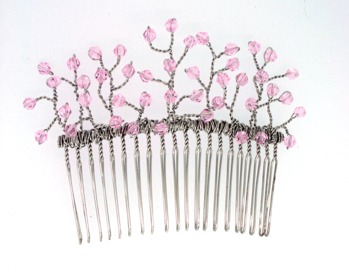 Crystal Hair comb Silver & pink crystals. Bridal hair comb. Wedding fascinator. Veil comb. Flower girl, Prom, Pink themed wedding.