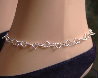 A row of Hearts. PERMANENTLY LOCKING Heart link Slave Ankle Chain Bracelet. BDSM Anklet. Sterling silver. Heart links.