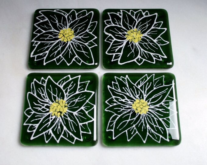 Kiln Fused glass coasters. 'Daisy'  Large White flowers with a yellow center on an olive green glass base.