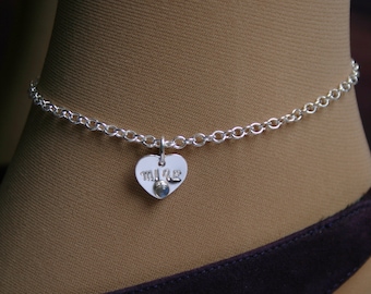 Tiny Heart ~ Personalized Slave Ankle Chain Bracelet. BDSM Anklet. Sterling silver & Gemstone. Choose stone. Little heart anklet.