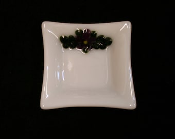 Flora Square Mini, Dark Violet ~ A hand made fused glass trinket / ring / earring / sushi dip dish. Raised flowers and green leaves on white
