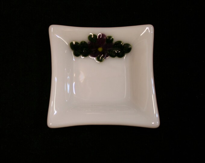 Flora Square Mini, Dark Violet ~ A hand made fused glass trinket / ring / earring / sushi dip dish. Raised flowers and green leaves on white