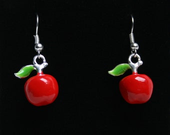 Handcrafted 'Apple' Earrings. A silver plated, enameled apple on silver plated fish hook ear wires ~ with or without gift box. Cute /Retro