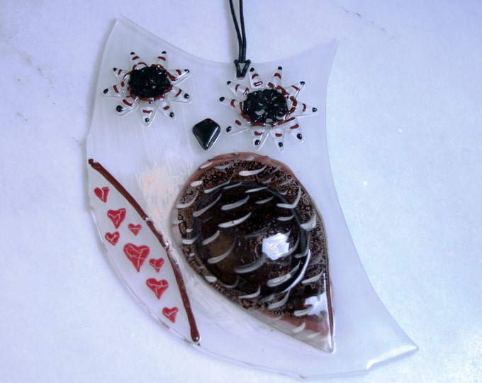 OOAK Hand painted, fused glass hanging ornament. 'Owlet - amour rustique in ivory'  Cute baby owl. 3D fused glass owl. Ivory & brown owl.