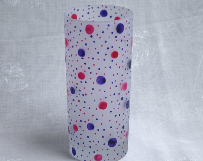 Dotty about You!  Pink & Purple. Exclusive design, hand painted, an Etched Hi Ball glass with pink and purple dots and spots encircling it.