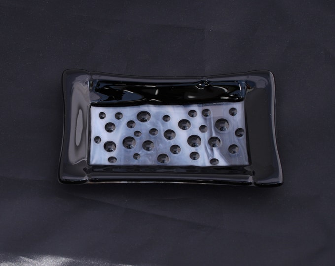 Dotty about Black - a hand made fused glass soap/ trinket/ sushi dish in Black set on a wispy clear & white base. Bathroom/ Kitchen/ Bedroom