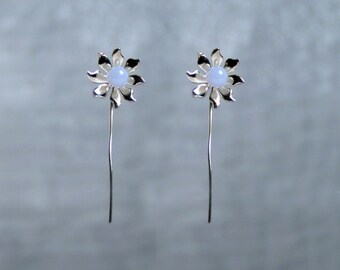 Handmade 'Ma Petite Fleur' earrings. Traditionally hand made 925 silver gemstone flower earrings with Blue Lace Agate, stud style with stem
