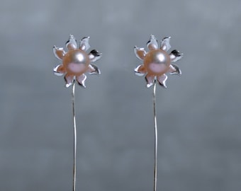 Handmade 'Ma Petite Fleur' earrings. Traditionally hand made sterling silver flower earrings with peach pearls, stud style with stem