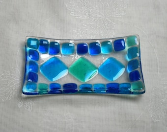 Summer Seas (D4), mosaic series, fused glass soap / trinket / sushi / chocolates dish in a range of blues. Bathroom / Kitchen / Bedroom