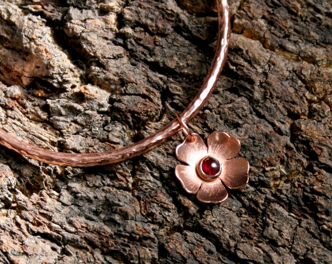 Rosa. Garnet & Copper (or Brass) Wild Rose Drop/Floater bangle. 'Wildflower series' Exclusive design. Capricorn birthstone. Made to Order.