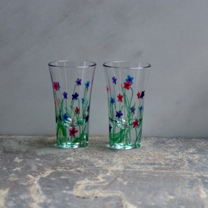 May include: Two clear glass shot glasses with hand-painted floral designs. The flowers are in shades of blue, pink, and green.