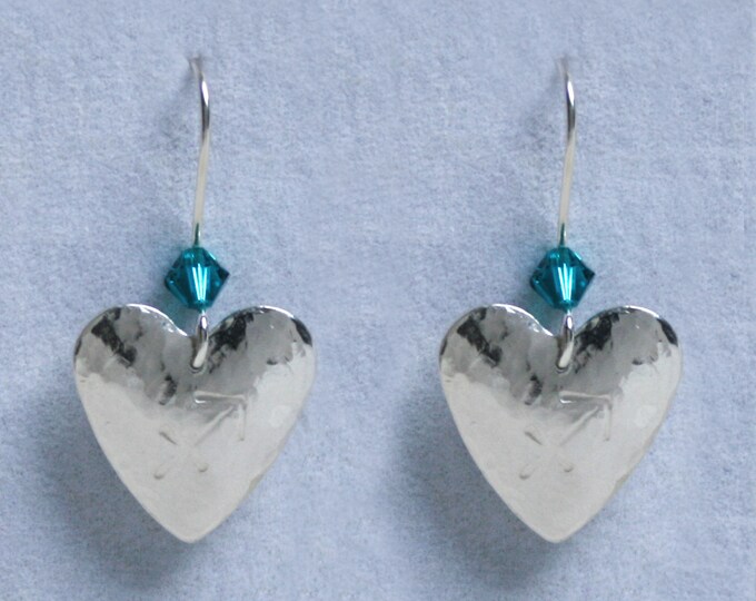 Handmade 'Birthday' earrings. December, Blue Zircon, Birthstone, Birth sign, Zodiac, Sagittarius. Silver & Swarovski crystal heart earrings