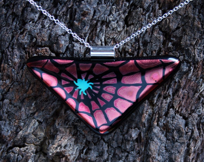 Unique Dichroic Fused Glass Pendant 'Spooky corner' Teal spider on a cherry red & black web set on a Sterling Silver bail and chain.