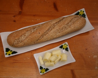Fused glass baguette & butter serving set / dishes / plates. 'Flora in Yellow' With raised yellow flowers and green leaves on a white base