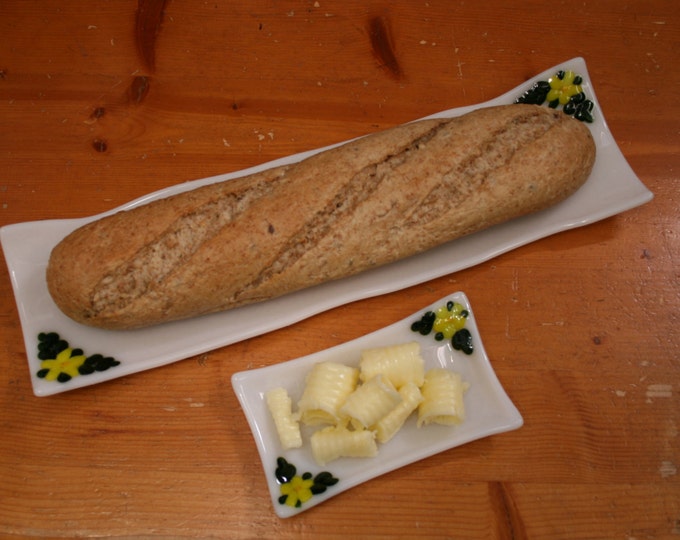 Fused glass baguette & butter serving set / dishes / plates. 'Flora in Yellow' With raised yellow flowers and green leaves on a white base