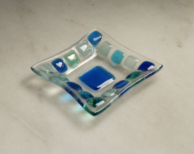 Summer Seas (D2), mosaic series, fused glass ring dish / earring dish in a range of blues. Bathroom / Kitchen / Bedroom