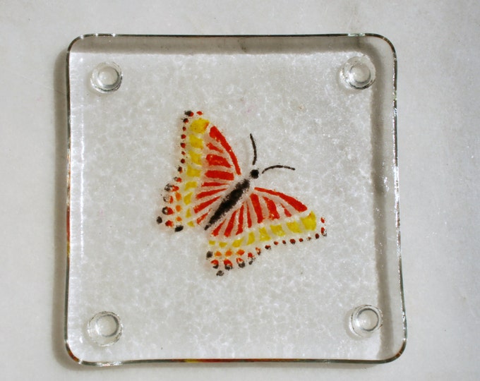 Kiln Fused art glass coasters. 'Fire Butterfly'  Red, orange and yellow butterflies with black accents on a clear base. Butterfly coasters.