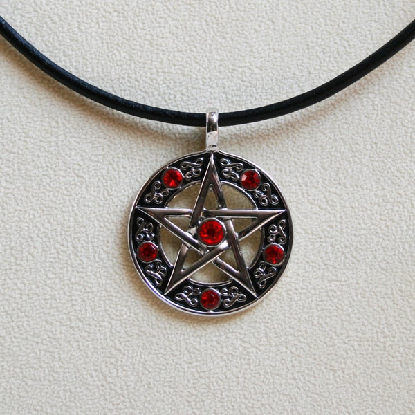 Handcrafted 'Pentacle' Pendant ~ Pentagram set with sparkling Fiery red crystals on a 3mm Leather thong, with silver plated fittings.