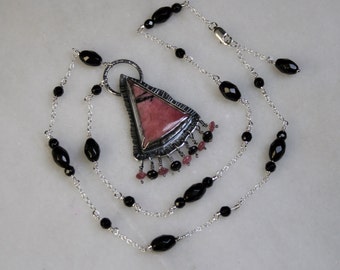 Romance necklace. Pretty Pink & Black Rhodonite teamed up with Watermelon Tourmaline and Black Onyx. Fully UK Hallmarked Sterling Silver.