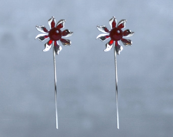 Handmade 'Ma Petite Fleur' earrings. Traditionally hand made sterling silver gemstone flower earrings with Garnet, stud style with stem