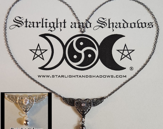 The wings of Love - Caged Heart, Little Gem; Permanently locking SLAVE BELL Discrete, Sterling silver Day Collar Necklace {D1} Winged Heart