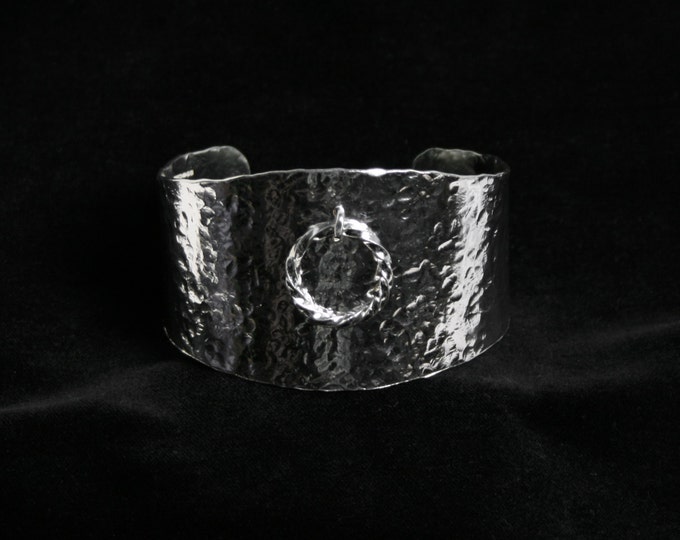 Wide cuff bracelet 'Story of O' BDSM O ring bracelet. Traditionally handmade with hand hammered finish. Fully UK Hallmarked Sterling Silver.