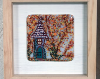 Fae Cottage - Framed Kiln Fused art glass painting. Fairy House in the woods. Natural wood frame. Glass wall art. 19 x 19cm (7.5 x 7.5")