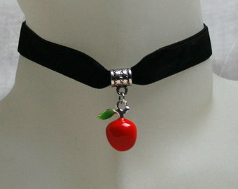 Handcrafted 'Apple' choker. Silver plated enameled apple on a Wine, Black, Green, Purple, Brown, White or Ivory velvet ribbon. Cute/ retro!